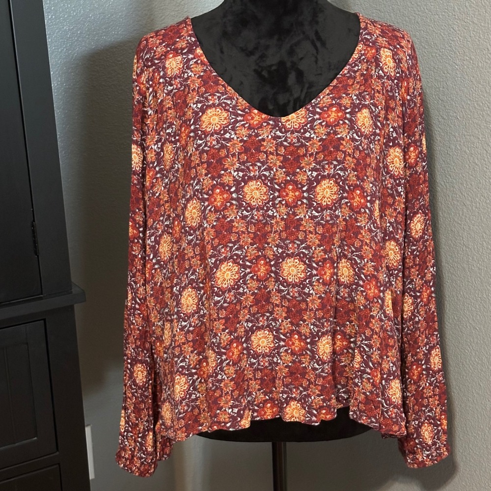 Gypsies & Moondust Women's Blouse XL Boho Floral Open Back Long Sleeve